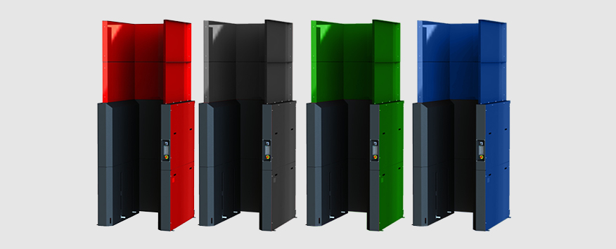 Various color models of PalletMaster® automatic pallet dispensers showcasing customization options