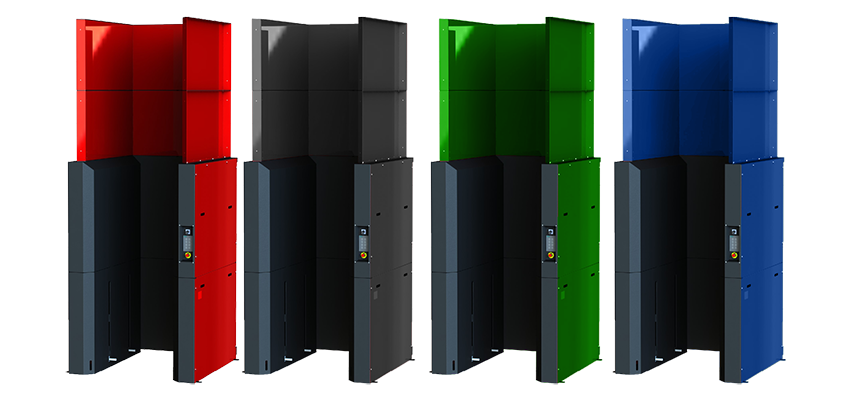 Various color models of PalletMaster® automatic pallet dispensers showcasing one way to customize the pallet dispenser